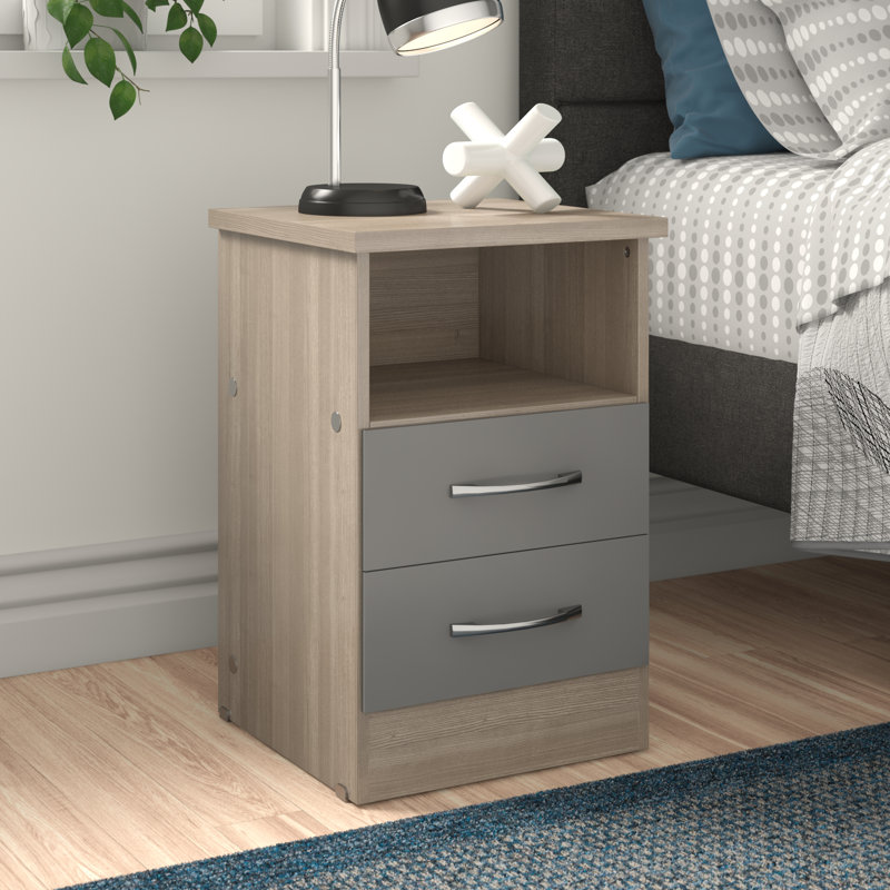 Cascio 2 Drawer Bedside Table, Grey Gloss/Light Oak Effect Veneer