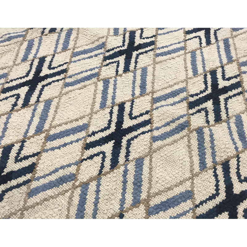 Tapis beige et bleu marine noué à la main de haute qualité