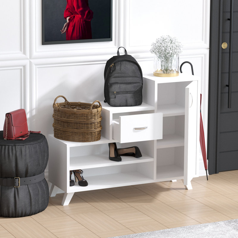Modern Shoe Cabinet, White, 35.4 x 30.3 x 13.0 inches | 100% Melamine Coated Particle Board, Thickness: 0.7 inches | Numerous Shelves & Wall-Mountable Design | Stylish Storage Solution for Entryway & Hallway