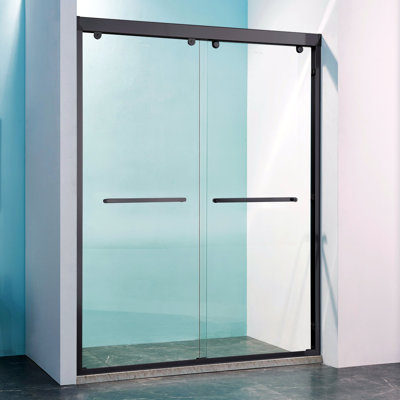 56-60 Inch Wide X 75 Inch High Double Sliding Shower Door, 5/16 Inch Thick Tempered Clear Glass, Matte Black Aluminum Alloy.