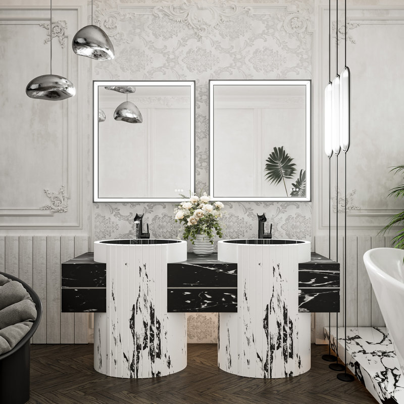 Miroir de salle de bain avant à DEL antibuée avec cadre en métal biseauté, 36 po x 30 po, Noir mat, Rectangulaire