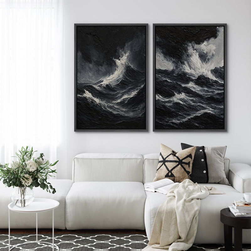 Plage, paysage mural, ensemble de 2 reproductions d'art sur toile encadrées, H 24 po x l 32 po, Noir