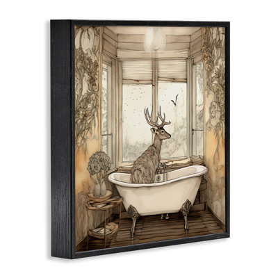 Buck with Antlers Bath Time Framed Giclee, design by Sasha