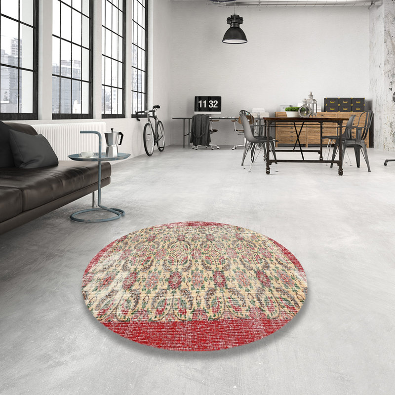 Tapis contemporain vert olive / beige / rouge, Rond 7 pi