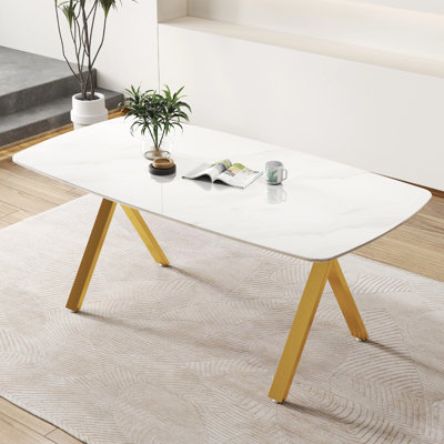 51.2" Modern Rectangular Faux Marble Tempered Glass Dining Table With Legs