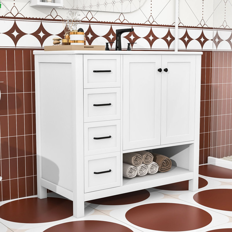 Meuble-lavabo élégant 36 po avec lavabo, rangement fermé, Blanc