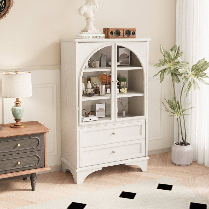 Armoire de rangement vitrée à porte en verre 52,17 "avec 2 tiroirs et tablette réglable, Blanc