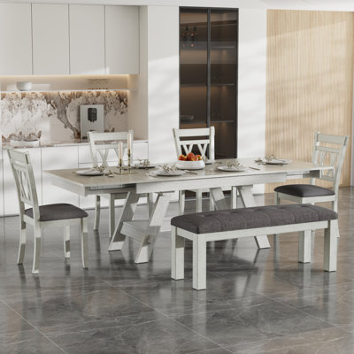 Ensemble de table de salle à manger extensible en bois massif 6 pièces pour 6 à 8 personnes, ensemble de table de cuisine avec chaises et banc, ensemble de table de salle à manger rectangulaire pour la salle à manger