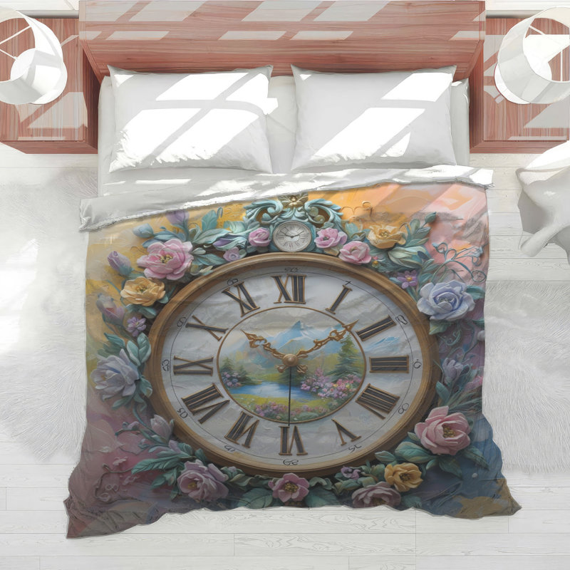 Floral Clock With Landscape Comforter, Queen