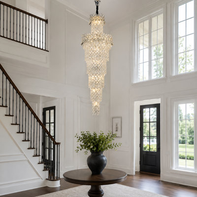 24-Light K9 Crystal Waterfall Staircase Chandelier for Foyer & High Ceilings