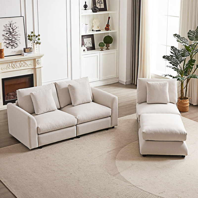 Canapé modulaire avec repose-pieds et trois coussins, Tissu beige