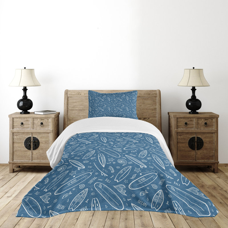 Twin White and Blue Quilted Bedspread Set with Surfboard Design