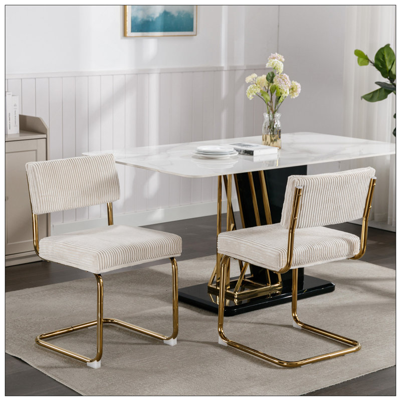 Chaises de salle à manger modernes avec tissu velours côtelé et base en métal doré, ensemble de 2, Beige