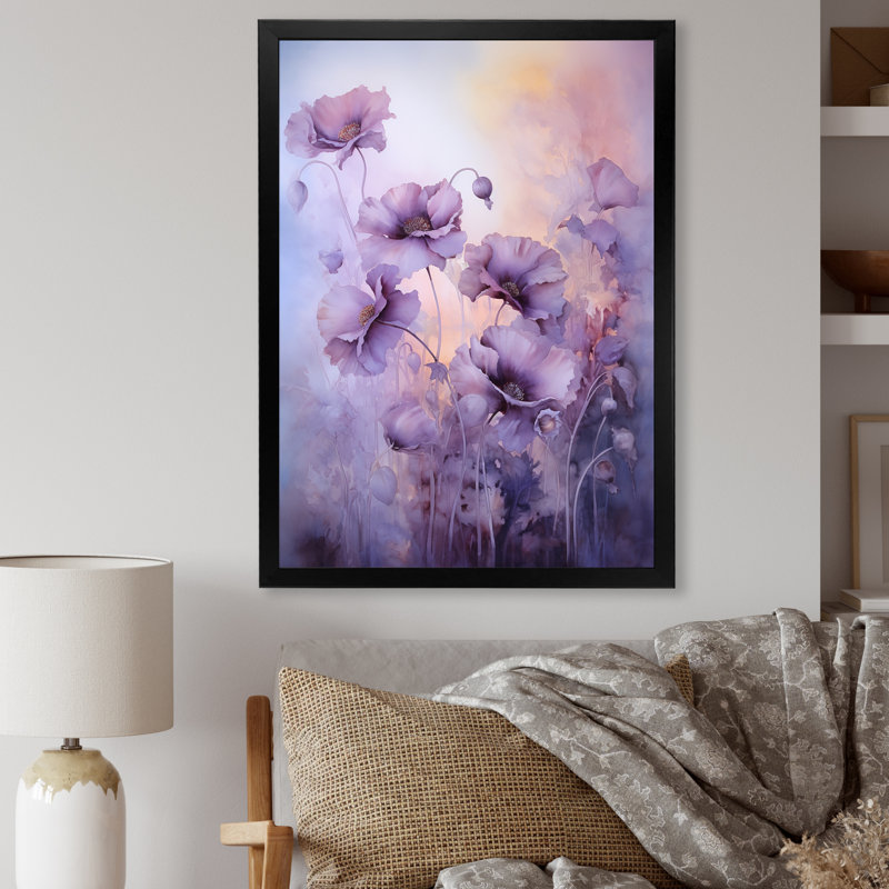 «Violet Veil Delicate Poppies Moment I», reproduction sur toile, H 44 po x l 34 po x P 1,5 po, Cadre photo noir