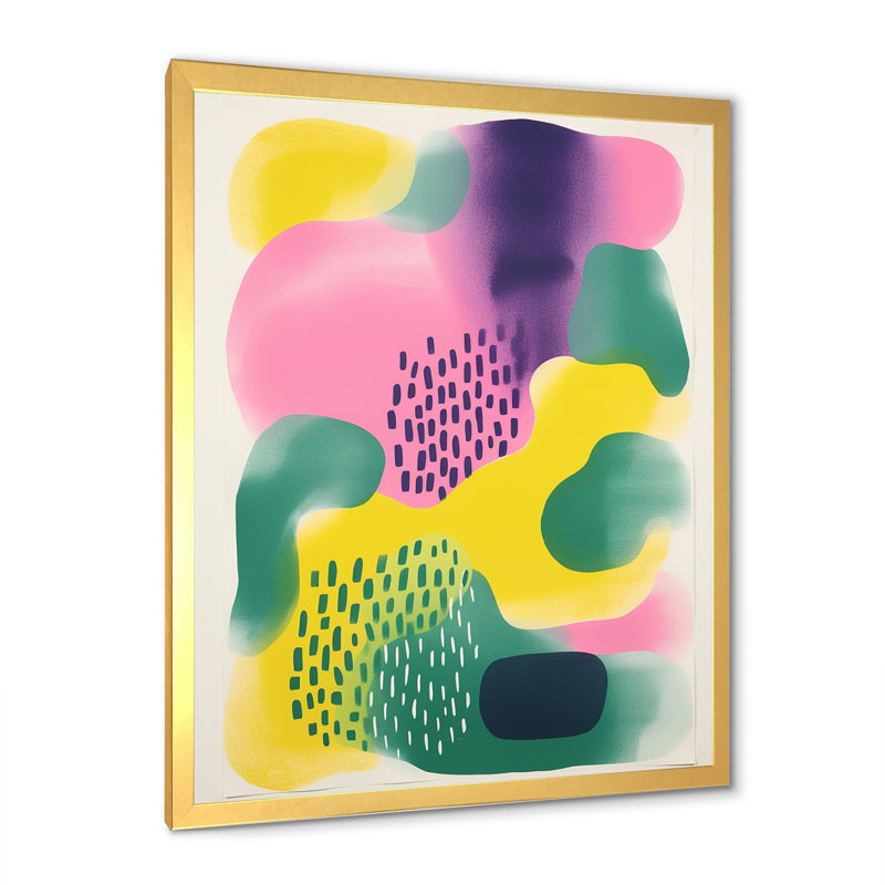 Collages abstraits jaunes et verts - Reproduction d'art abstrait mural, Cadre doré simple, H 44 po x l 34 po x P 1,5 po