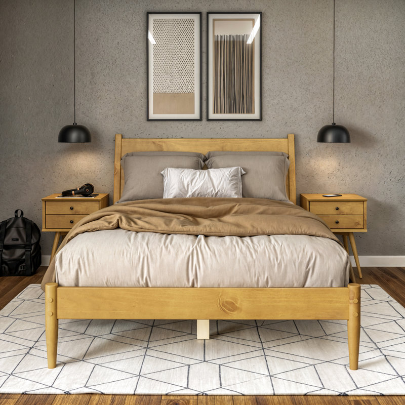 Lit plateforme en bois massif Ashlie, Chêne miel, Double