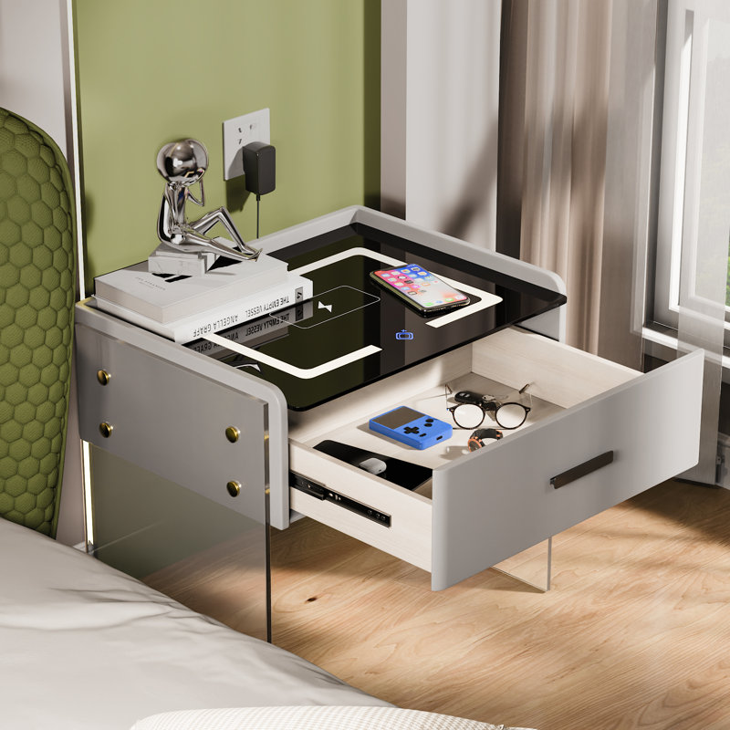 Cyani 1 - Drawer Nightstand with Wireless Charging, LED Lights, Bluetooth Player & Sensor Light, Dark Grey