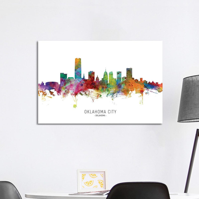«Oklahoma City Skyline» par Michael Tompsett - peinture sur toile tendue, H 26 po x l 40 po x 1,5 po