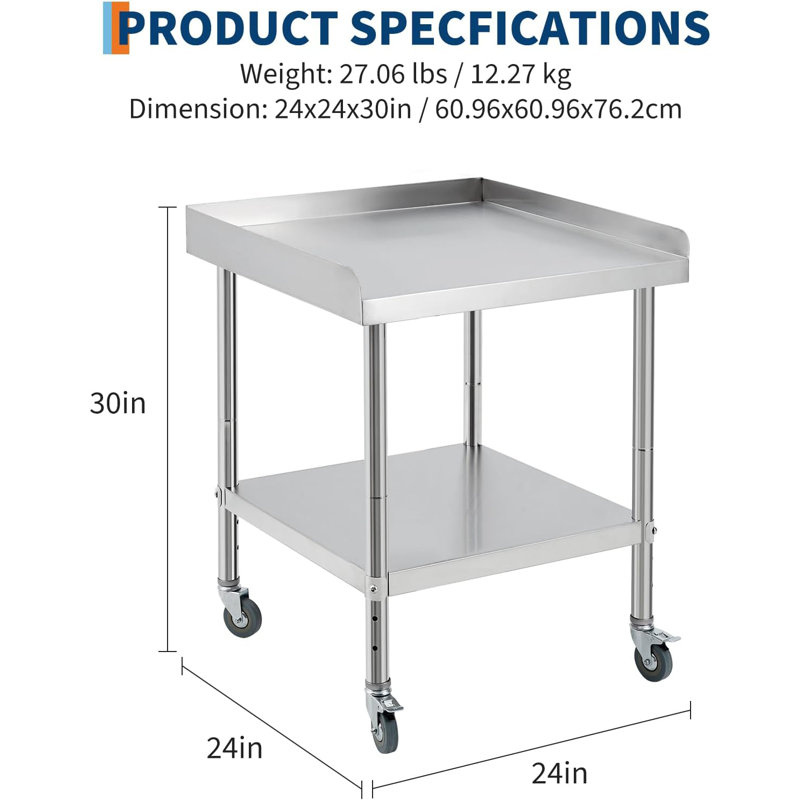 Table de gril en acier inoxydable avec pieds réglables, capacité de 400 lb, certifiée NSF, Edge Baffle - Table de préparation pour cuisine commerciale et domestique