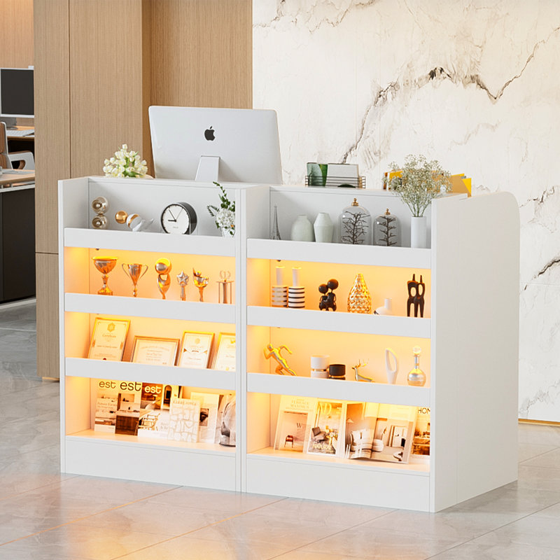 Bureau de réception avec lumières DEL, petite réception avec tiroir verrouillable, table de réception moderne en bois avec tablettes ouvertes pour la vente au détail et la caisse pour les halls d'entrée, les salons, la vente au détail