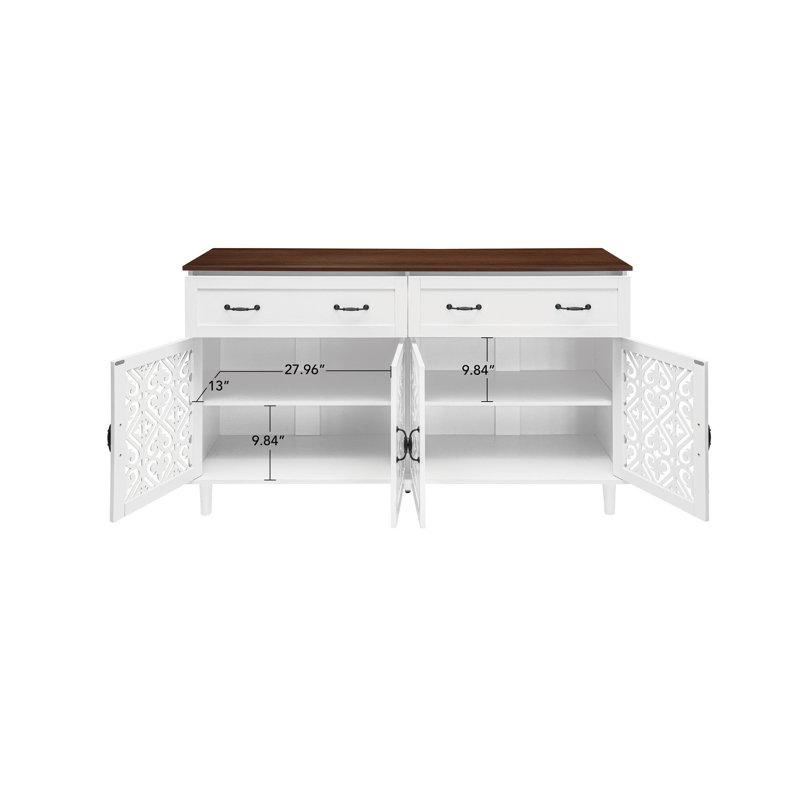 Vintage Sideboard Buffet Cabinet With Hand-Carved Geometric Doors, Distressed Light Wood Finish With Contrast Design, 2 Drawers 4 Doors Storage Cabinet, Adjustable Feet, Raised Base For Easy Cleaning
