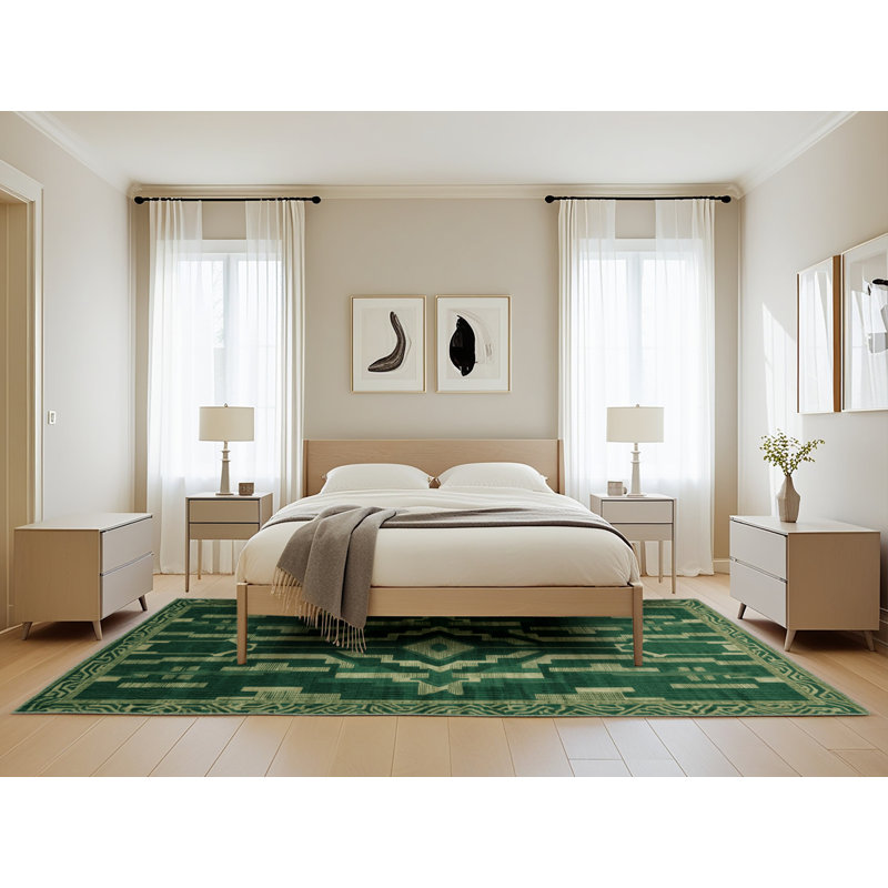 Machine Washable Art Deco Green Area Rug, Rectangle 5' x 8'