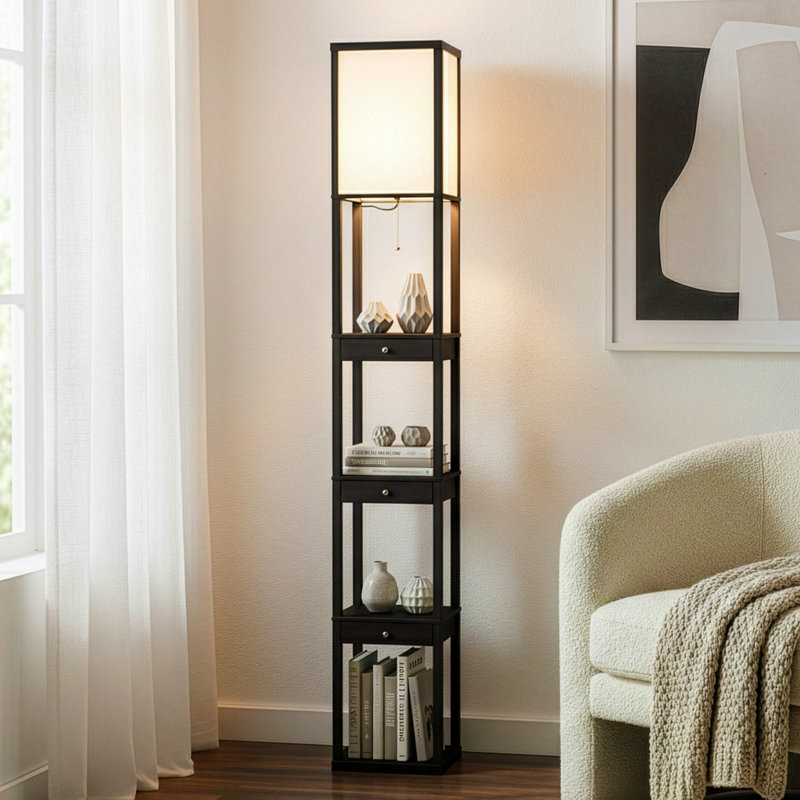 Lampe sur pied à DEL 72 po avec finition noire Maxwell, 4 tablettes intégrées, 3 tiroirs de rangement, ampoule incluse, Noir