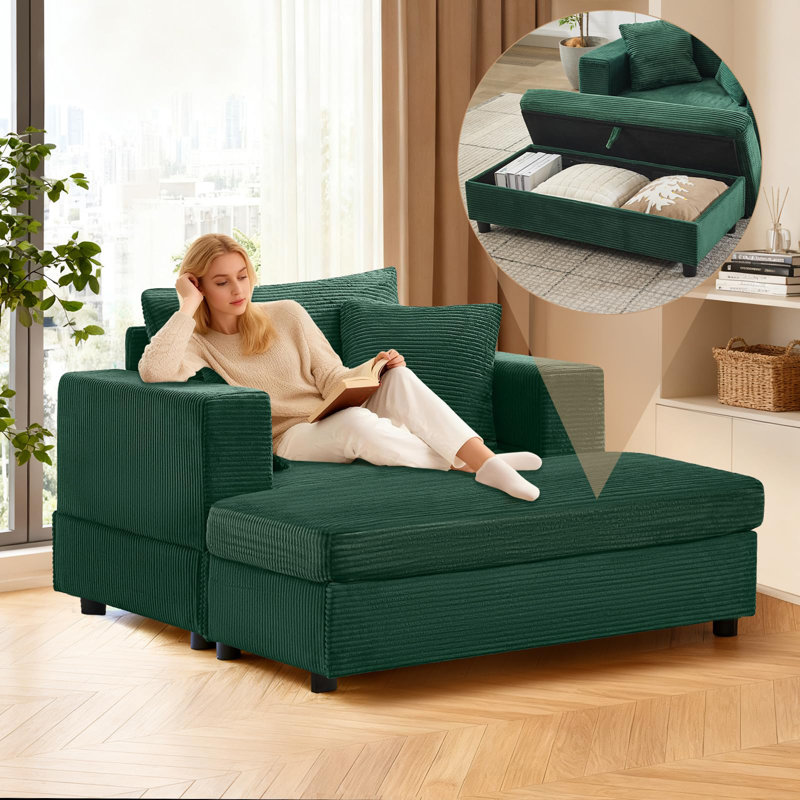 Corduroy Upholstered Sofa Lounge Chair with Removable Storage Ottoman and Pillows, Green, Storage Ottoman