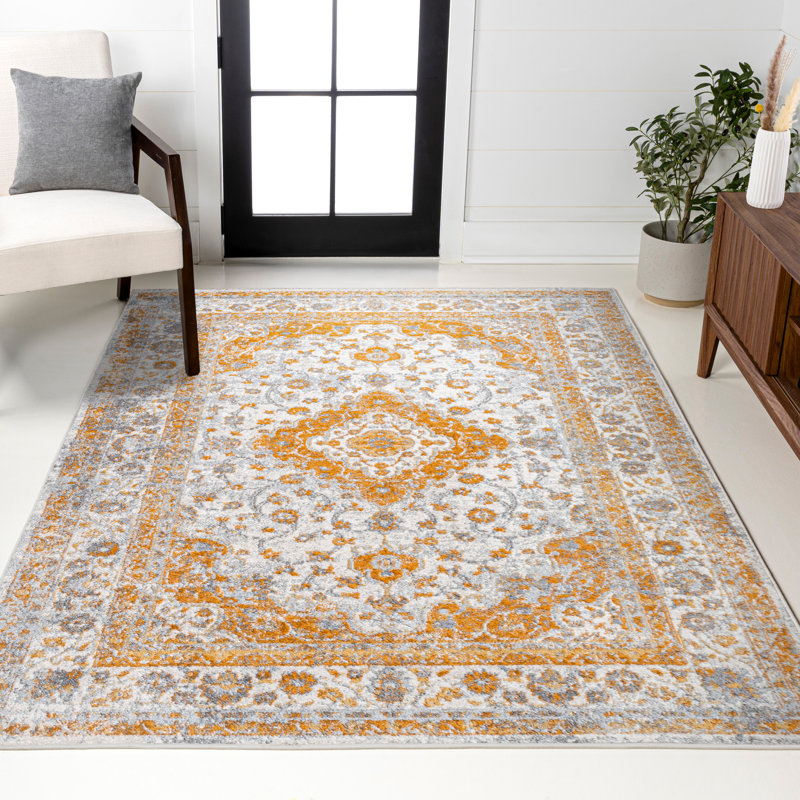 Tapis orange / crème Indhira Ornate Medallion, Rectangulaire 3 pi x 5 pi