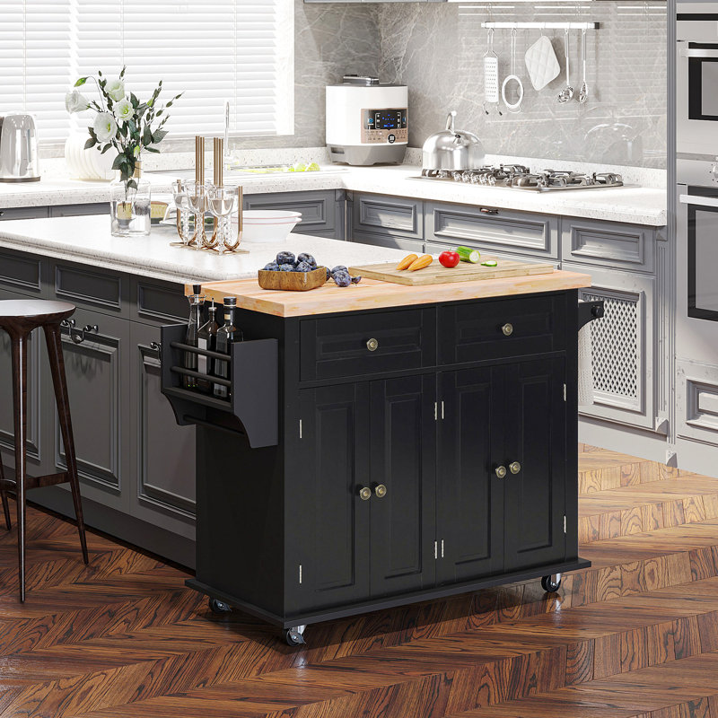 Mobile Kitchen Island With Black Exterior Finish, Includes Rubberwood Countertop, Spice Rack, Towel Rack And Cabinets