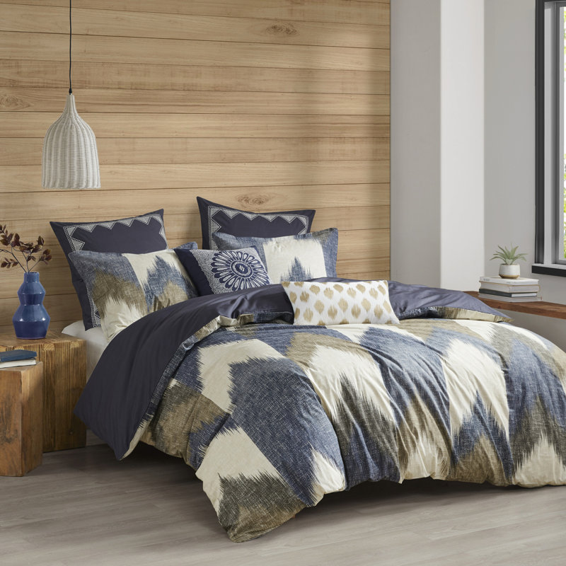 Élégante literie en coton pour lit double / grand lit - Housse de couette imprimée avec revers uni et motif 2 taies décoratives assorties avec attaches pour une fermeture à boutons pour une charmante chambre à coucher