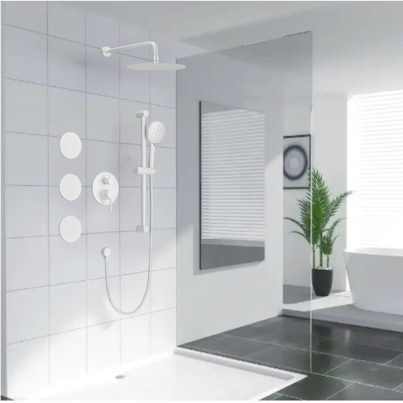 11.8-inch Wall Mount Shower Faucet Set with 3 Body Jets & Slide Bar Handheld Shower Head, White