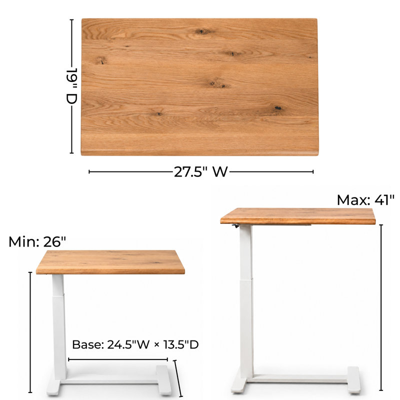 Bureau à roulettes pour ordinateur portable, réglable en hauteur, en chêne blanc massif de 70 cm (27,5 po), avec bord naturel.