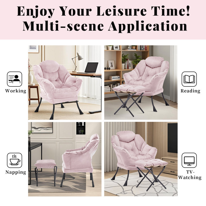 Upholstered Armchair with Footstool, Pink