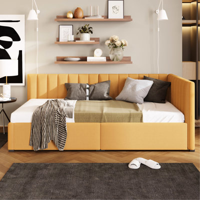Twin Bed Frame With 2 Storage Drawers In Linen - Upholstered Daybed, , No Box Spring For Neat Space Compartments Organized Home Decor