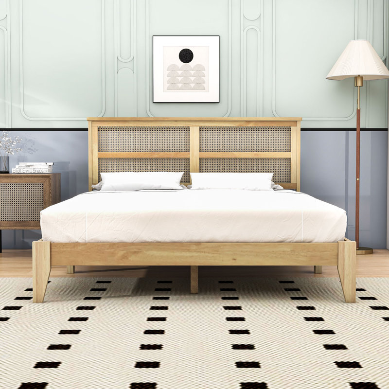 Grand lit plateforme en bois avec tête de lit en rotin PE et rangement spacieux sous le lit, Oak White