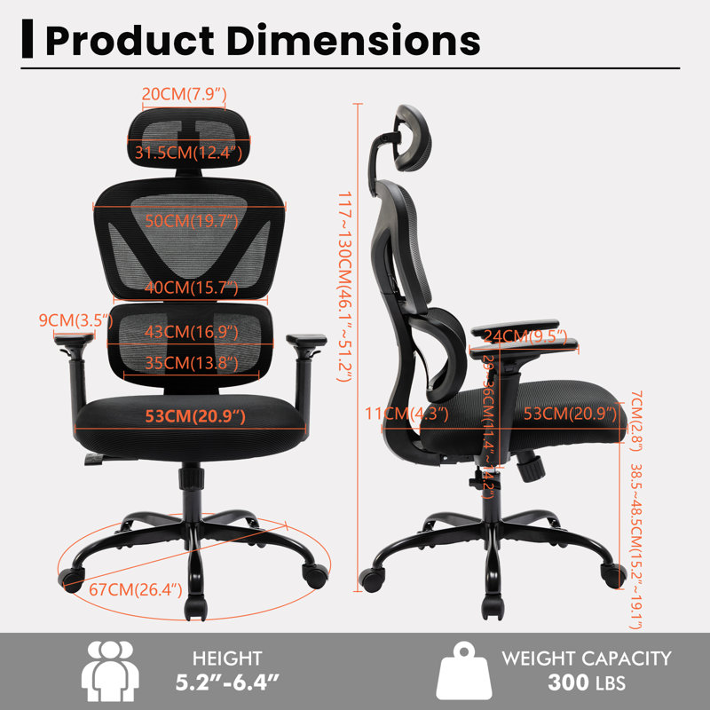 Comfy Breathable Ergonomic Task Chair with Headrest, Black