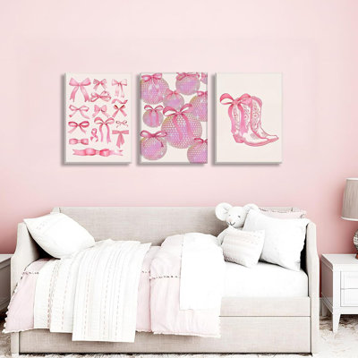 Trendy Pink Bows Wall Art Set Of 3 Coquette Wall Decor Preppy Cowboy Boots Decor College Apartment Teen Poster Canvas Prints For Bedroom Living Room Framed