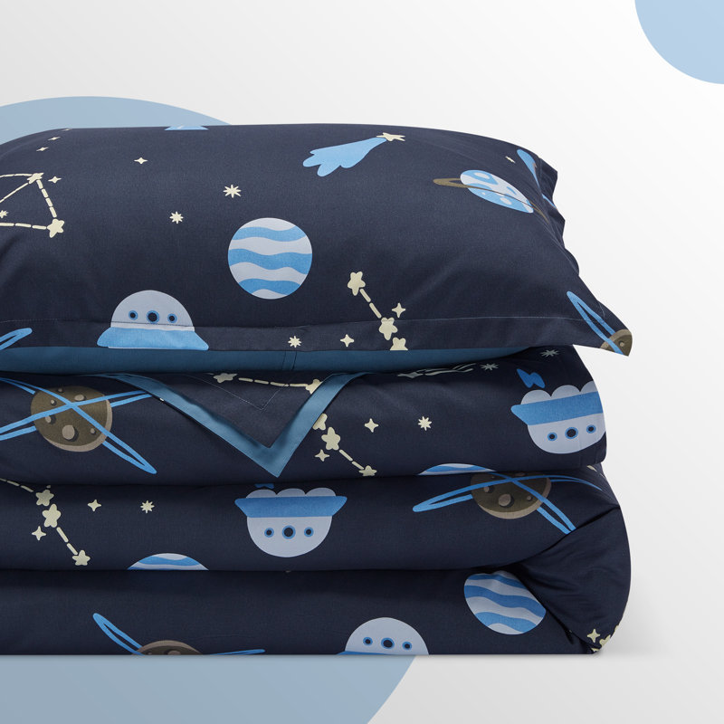 Kids Galaxy Reversible Duvet Cover Set, Twin Duvet Cover + 1 Standard Sham, Navy Blue/Yellow