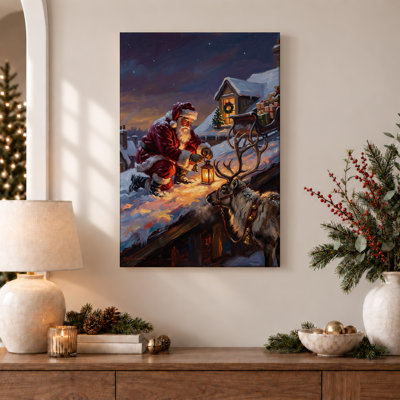 Art mural sur toile, père Noël et renne sur un toit enneigé