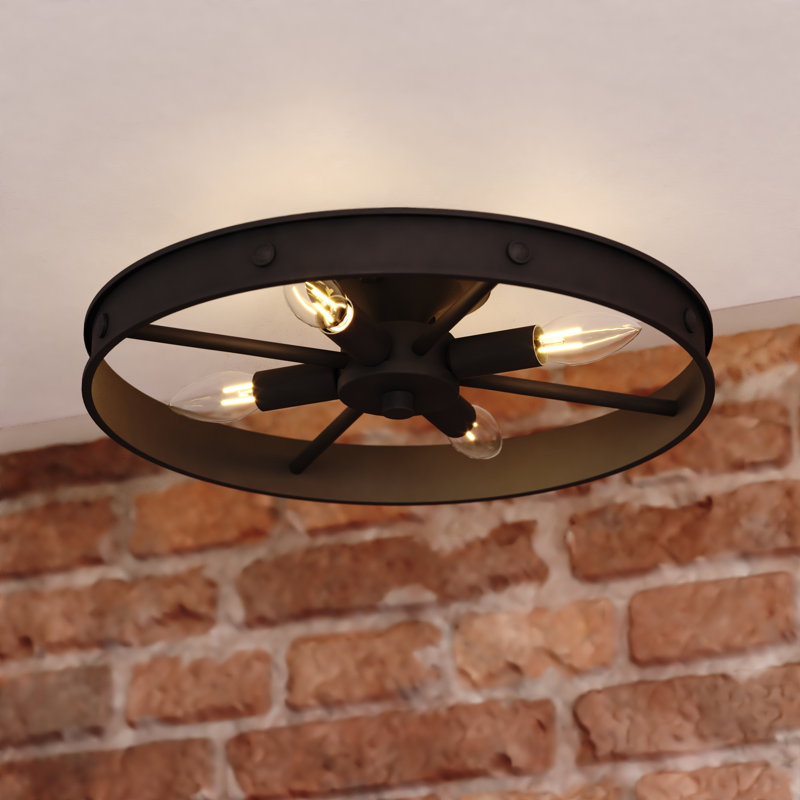 Plafonnier semi-encastré en forme de roue de chariot rustique noir mat à 4 lumières Santa Fe, compatible DEL, largeur de 15 po