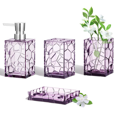 Bathroom Accessories Set, Acrylic Bathroom Counter Set of 4 | Boho acrylic bathroom decor, 4-pc: holder, soap, tumbler, dish, Easy-clean & rustproofd, Ideal housewarming gift