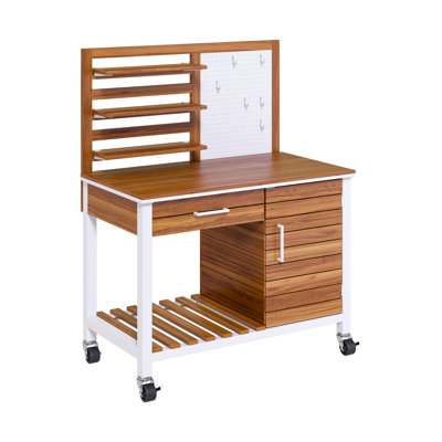 Acacia Wood Outdoor Potting Bench Table & Lockable Wheels