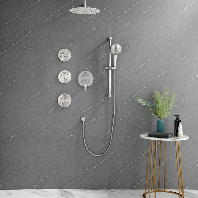 Shower System With Shower Head, Hand Shower, Slide Bar, Bodysprays, Shower Arm, Hose, Valve Trim, And Lever Handles