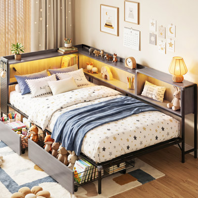 Daybed With 2 Drawers Led Corner Bed With Bookcase & Charging Station Metal Platform Bed Frame For Bedroom, Guest Room