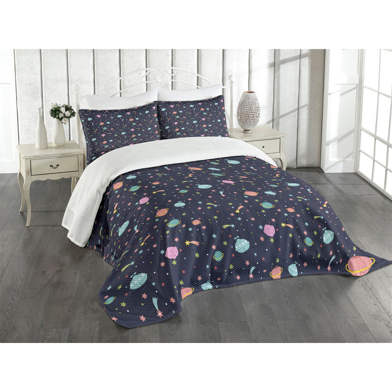 Ambesonne Space Bedspread Set  Alien Planets Asteroid  Multicolor, Queen Coverlet / Bedspread + 2 Standard Shams