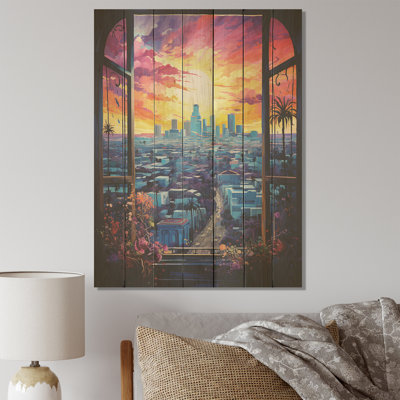 Los Angeles Window View II - fenêtre florale sur bois