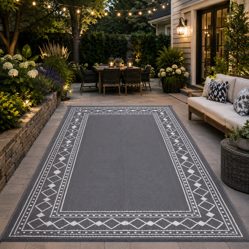 Geometry Large Plastic Rug for Camping, Porch, RV, Reversible, Waterproof, Gray, Rectangle 8' x 10'