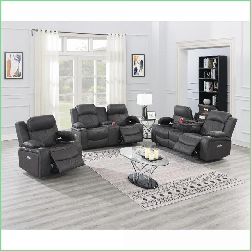 Canapé contemporain à mouvement électrique de 80 po avec accoudoirs de rangement | Gris anthracite | Similicuir gel | Dossier rembourré