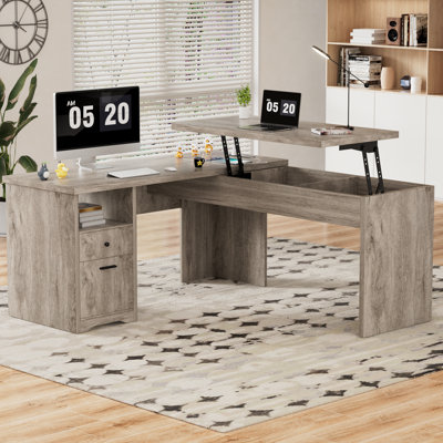 Swapan 56'' Lift Top L-Shaped Desk with Drawers and Power Outlets, Executive Desk